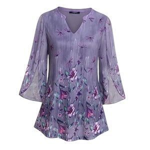 🩷 VALOLIA Women 3X 3/4 Sleeve Tunic Casual Loose Fit Floral Blouse Mesh Purple
